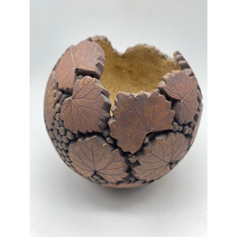 Vintage Fine‎ Hand Made Pottery Bowl with Grape Leaves Design Signed Furgeson 96